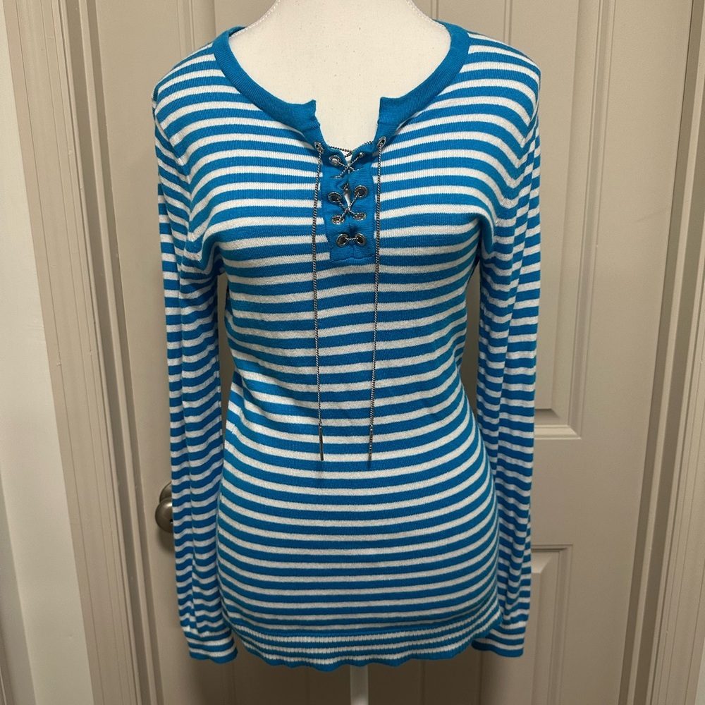 Michael Kors Teal and White Striped Lace-Up Top